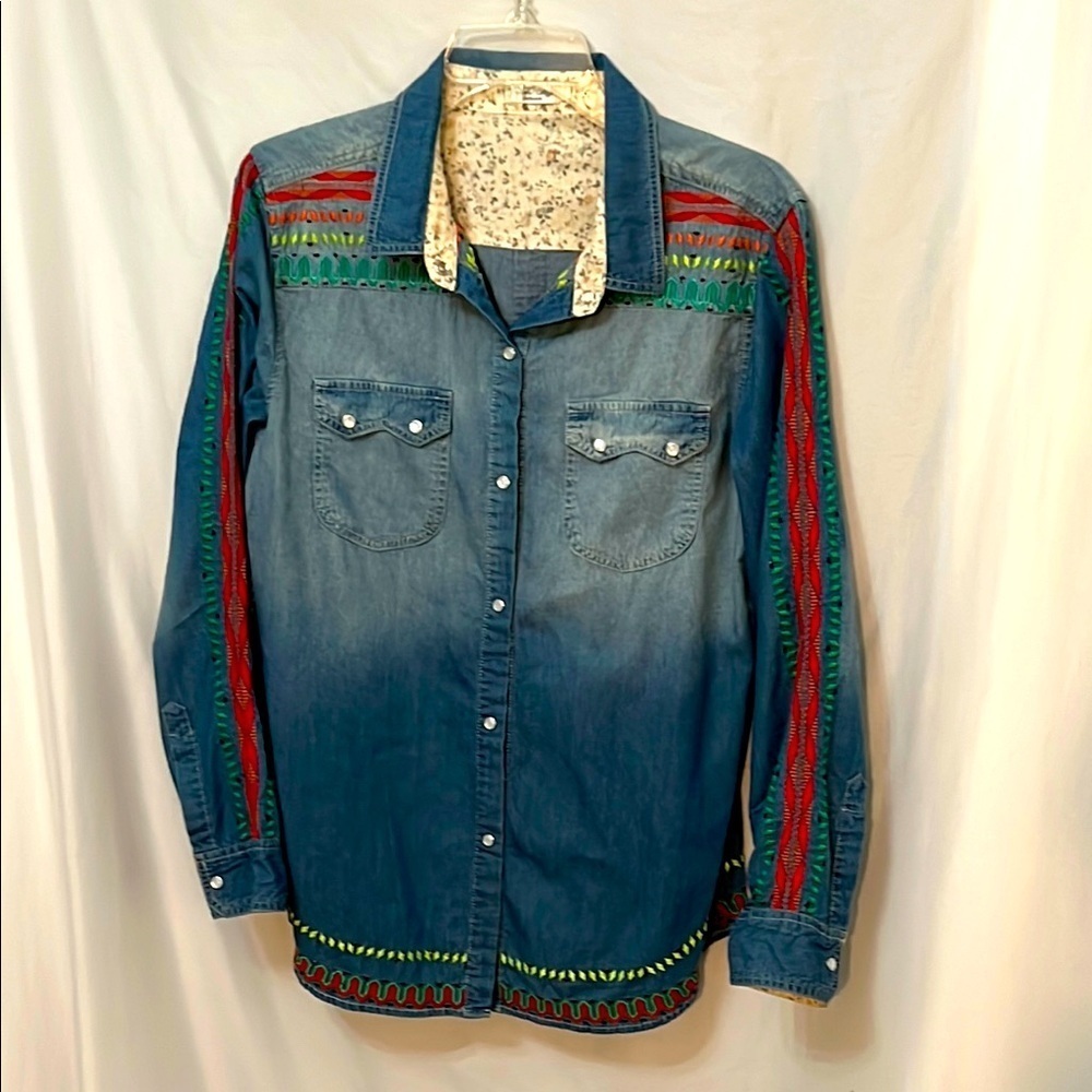 Tasha Polizzi Womens Cotton Denim Shirt with Multicolor Embroidery Size Large